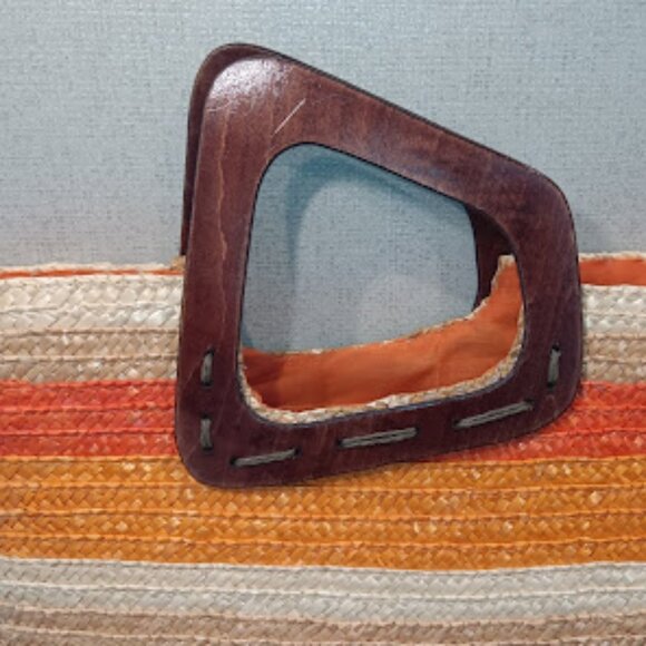 Sun N' Sand Multi-Color Orange Wicker Basket Bag with Brown Wood Handles - Picture 2 of 11